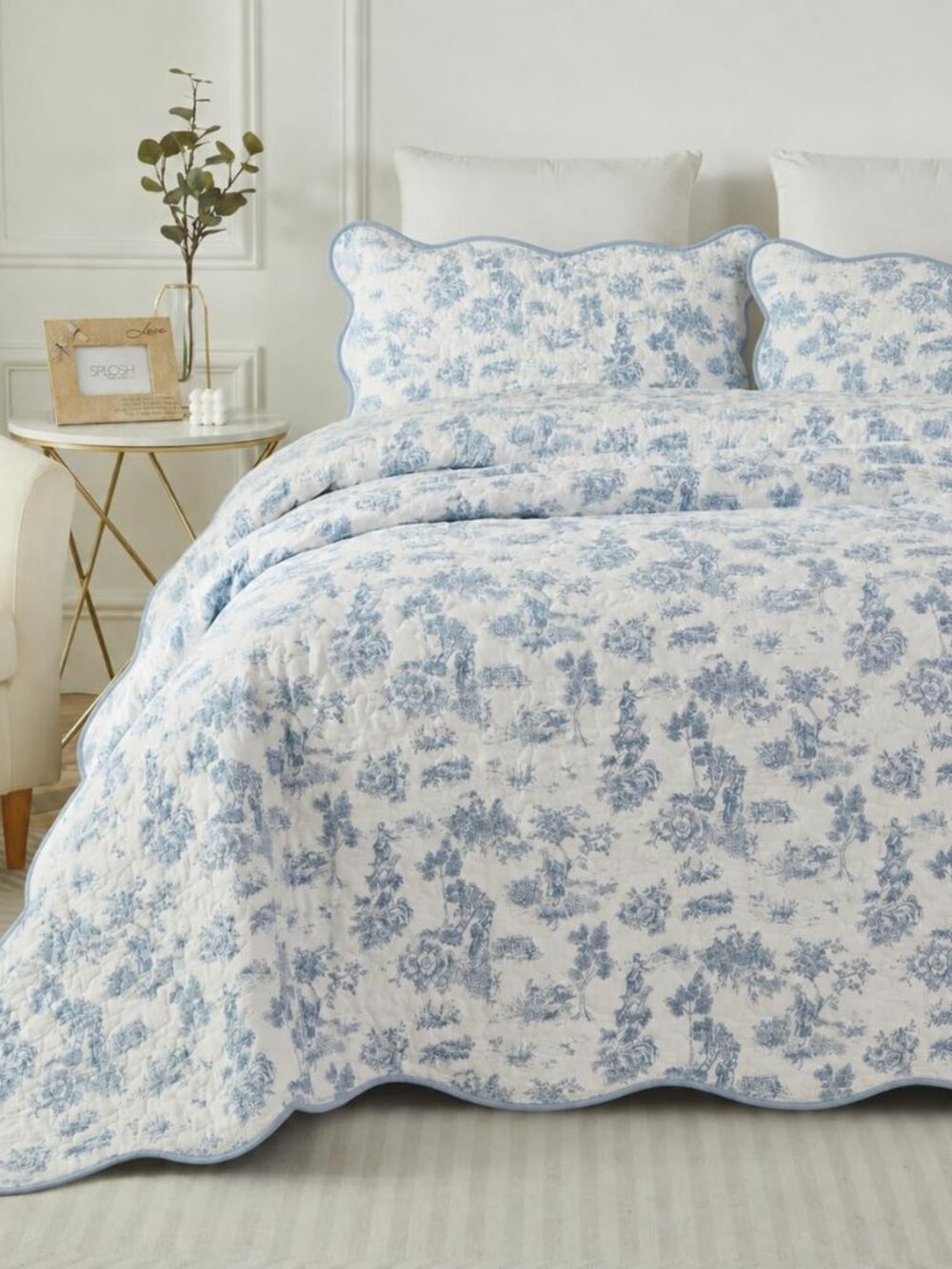 Blue Toile Bedding Full Cotton Quilt Set Pastoral Scenery 3PC